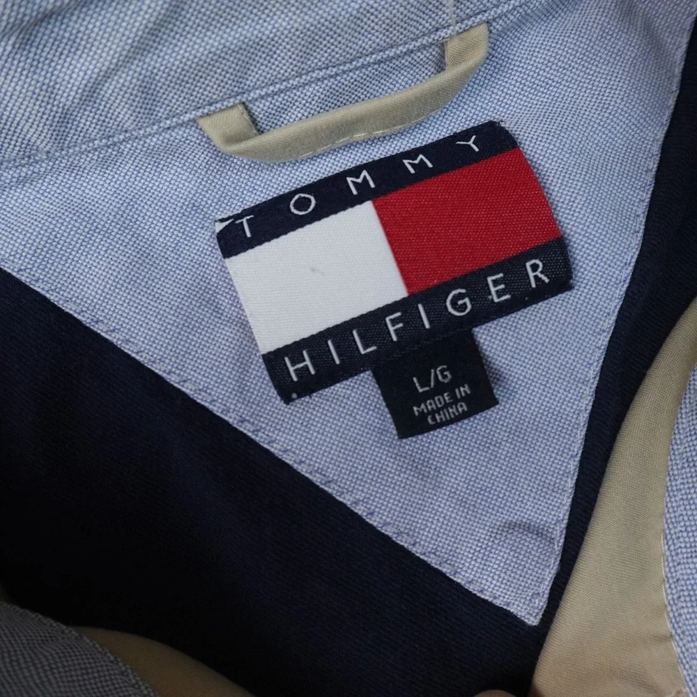 VTG Tommy Hilfiger Jacket Mens L Beige Tan Full Zip Bi Swing Harrington Coat Y2K